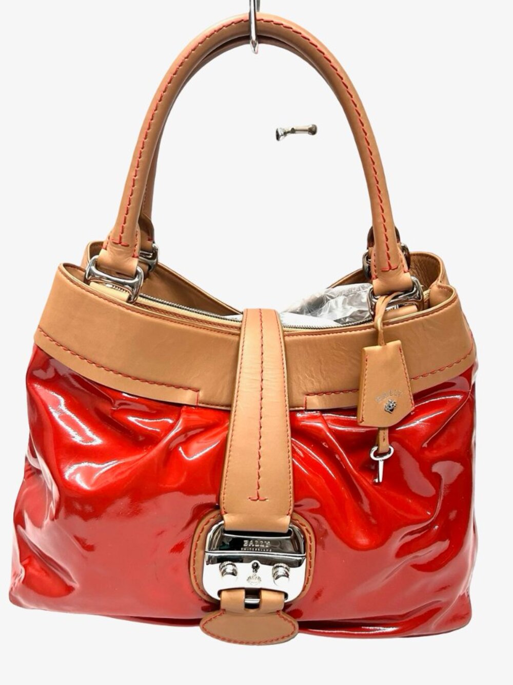 Classic 1831 Bally Switzerland Patten Leather Shoulder Lg Bag Red Lock+ Scarf(7 - Picture 13 of 16